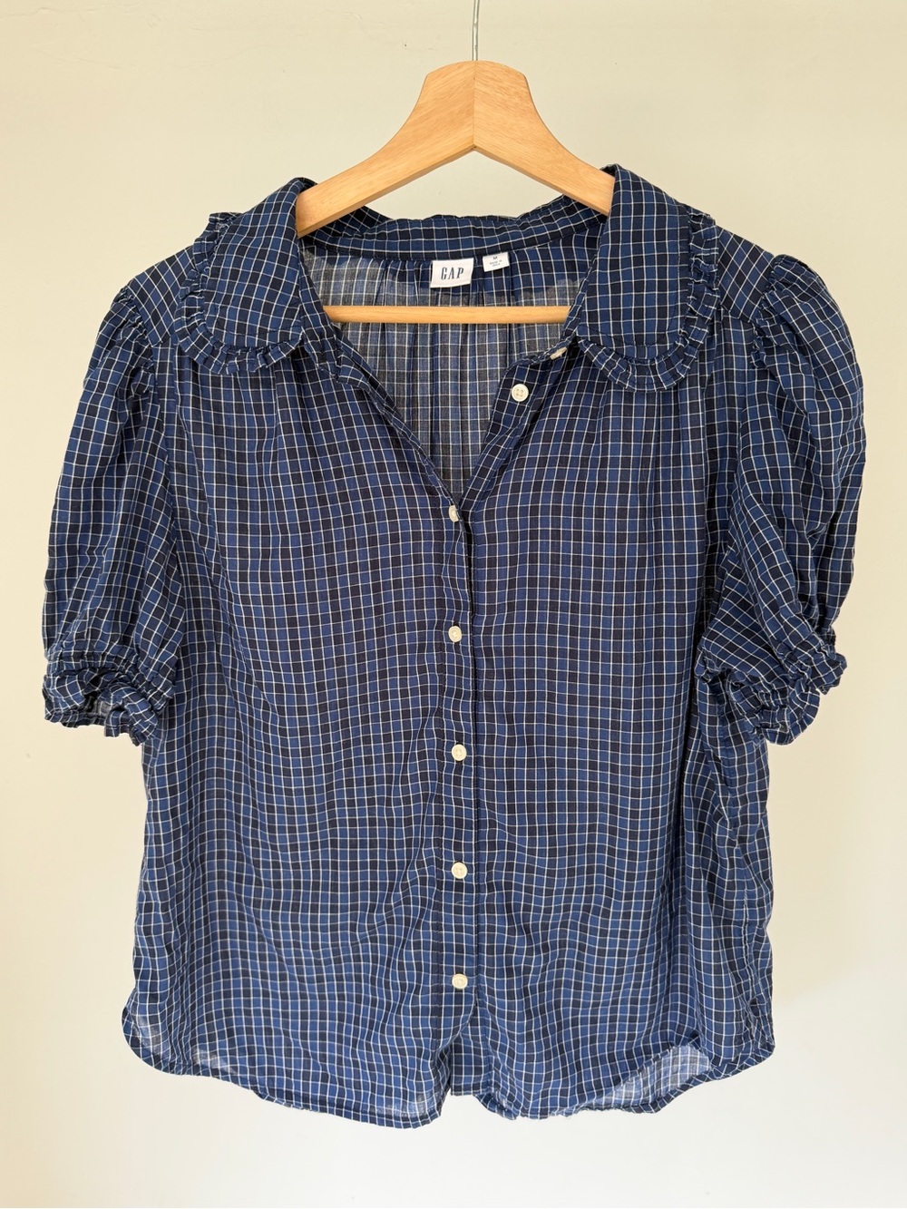 GAP Navy Blue Plaid Button-Up Puff Sleeve Blouse Medium